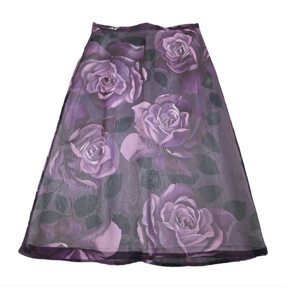 Vintage Y2k Purple Floral Midi Skirt 5/6 Sheer Lined Fairycore Feminine Office